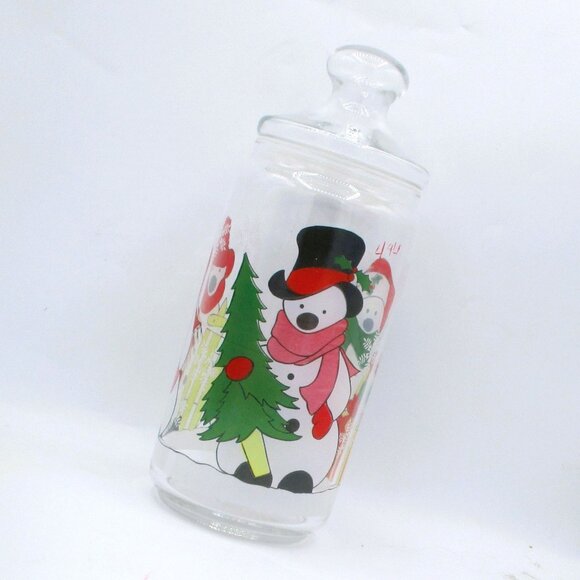 Snowman-Themed Clear Glass Cookie Jar With Lid 10.5 Oz Capacity Winter Holiday D - Picture 5 of 5